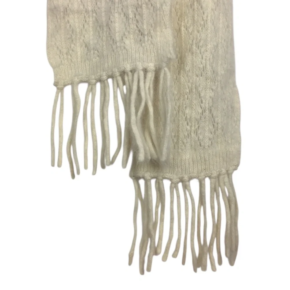 ANGORA Rabbit Hair Wool Blend Scarf Fresh Ivory Fringe Neutral Coastal Grandma
